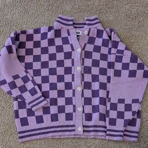Checkerboard Button-Front Cardigan in Lavender and Purple